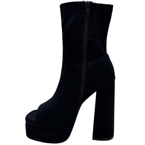 NIB Black Platform Open Toe Chunky Heel Lug Sole Casual Sexy Ankle Boots 10 - Picture 8 of 16